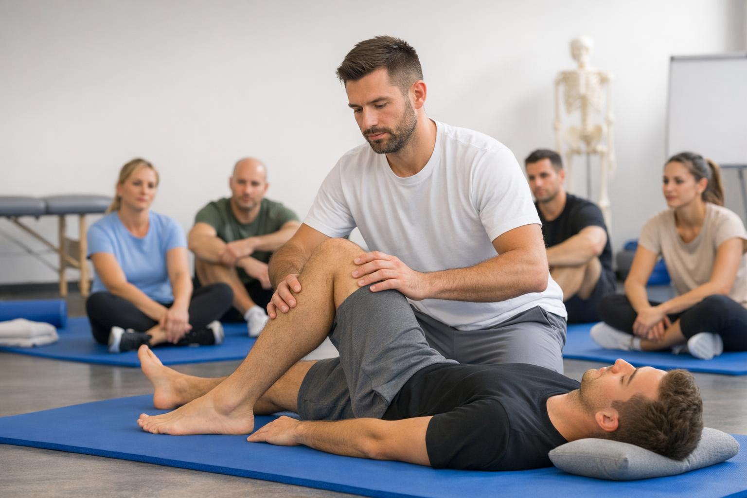 Opis zdjęcia: fizjoterapeuta podczas kursu praktycznego - ćwiczenia na macie
