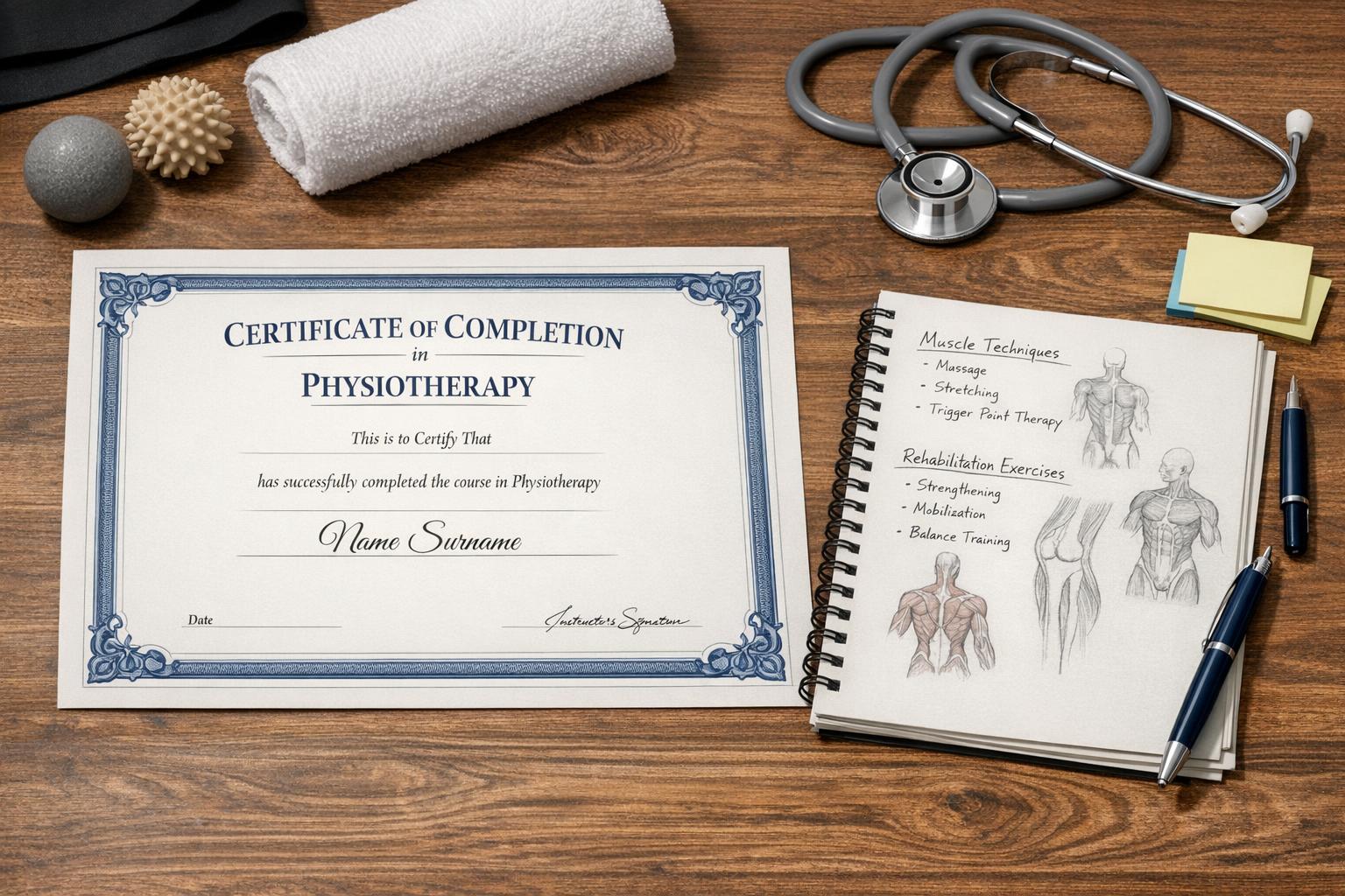 Opis zdjęcia: certyfikat ukończenia kursu fizjoterapii na stole obok notatek