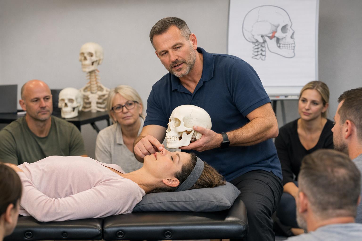instruktor pokazuje techniki czaszkowe - warsztaty TMJ w praktyce