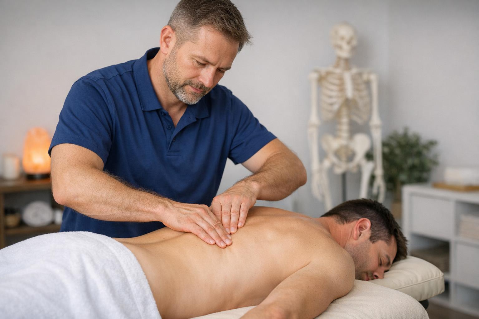 Terapeuta wykonujący technikę uwalniania powięzi na plecach pacjenta