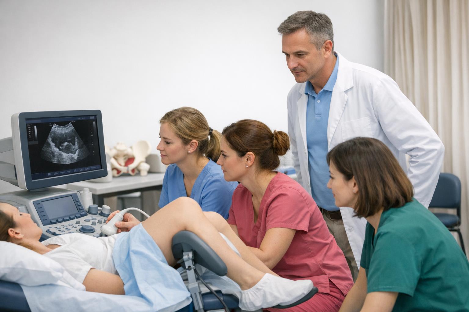 Zdjęcie: sesja praktyczna na kursie uroginekologii, instruktor obserwuje pracę uczestników